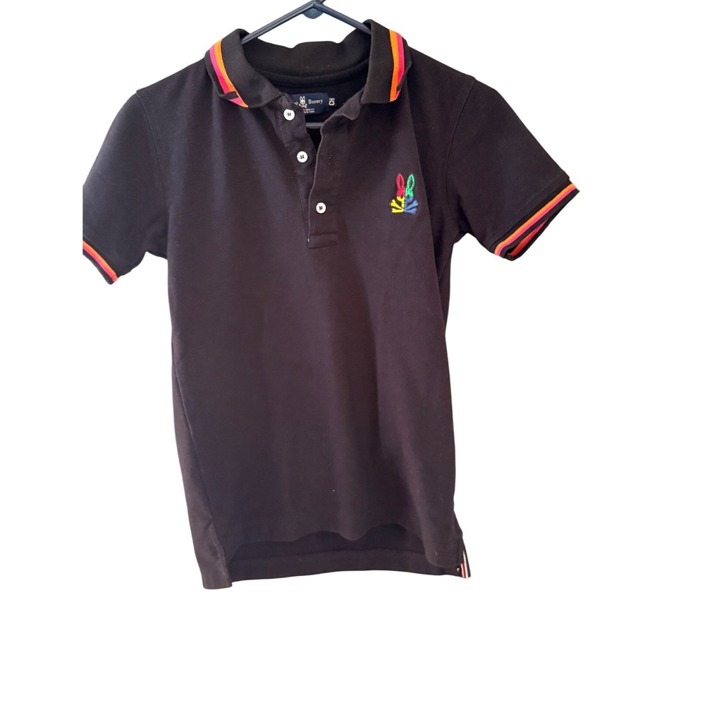 Psycho Bunny Kids Black Polo Shirt Neon Striped Trim Embroidered Logo Size‎ S
